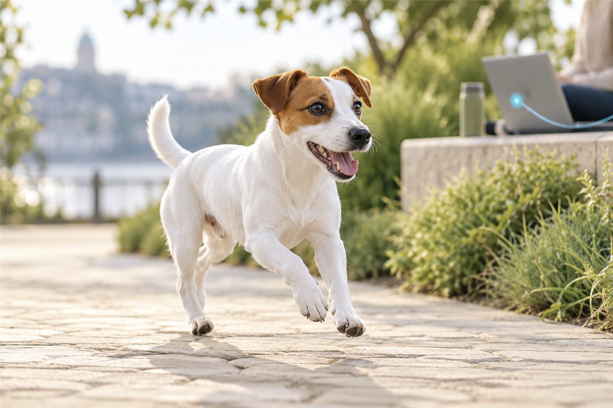杰克罗素梗犬在公园步道轻快奔跑，呼应狗急加速器设备使用路线